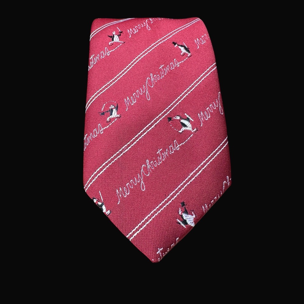 Vintage Avon Mens Christmas Tie Red Penguin Skiing Merry Christmas Novelty